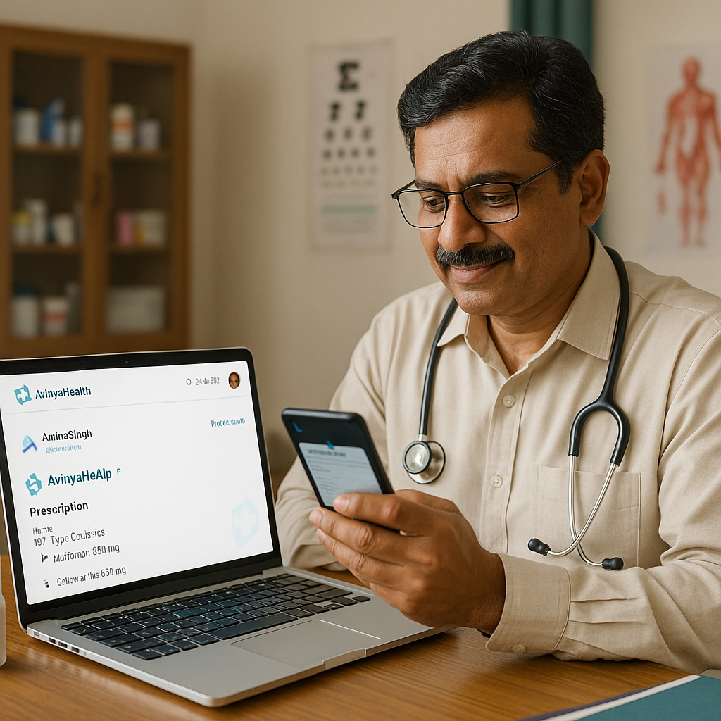 Doctor in Indian clinic using phone to share prescription