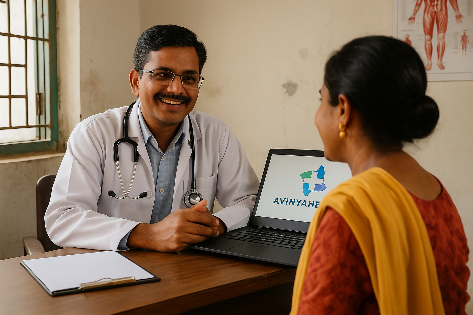 Doctor speaking kindly with patient in Indian clinic